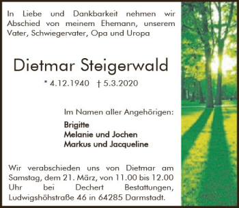 Traueranzeige von Dietmar Steigerwald von vrm-trauer