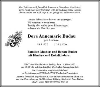 Traueranzeige von Dora Annemarie Budau von vrm-trauer