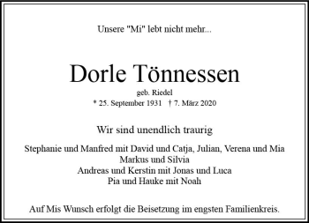Traueranzeige von Dorle Tönnessen von vrm-trauer