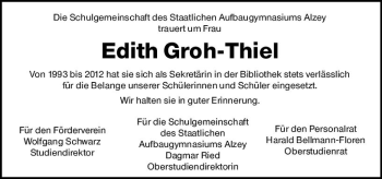 Traueranzeige von Edith Groh-Thiel von vrm-trauer