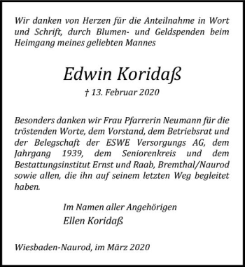 Traueranzeige von Edwin Koridaß von vrm-trauer