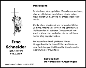 Traueranzeige von Erna Schneider von vrm-trauer