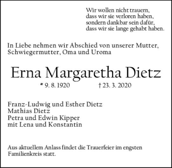Traueranzeige von Erna Margaretha Dietz von vrm-trauer