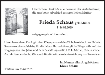Traueranzeige von Frieda Schaus von vrm-trauer