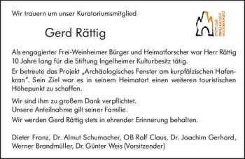 Traueranzeige von Gerd Rättig von vrm-trauer