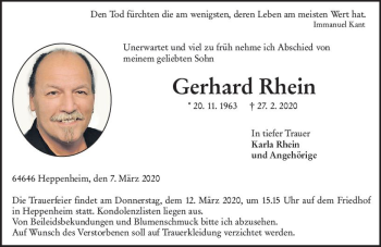 Traueranzeige von Gerhard Rhein von vrm-trauer