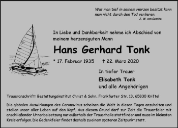 Traueranzeige von Hans Gerhard Tonk von vrm-trauer