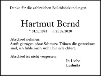 Traueranzeige von Hartmut Bernd von vrm-trauer