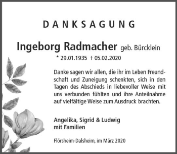 Traueranzeige von Ingeborg Radmacher von vrm-trauer