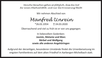 Traueranzeige von Manfred Unrein von vrm-trauer