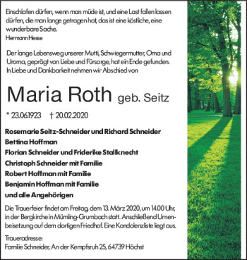 Traueranzeige von Maria Roth von vrm-trauer