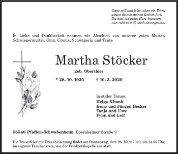 Traueranzeige von Martha StöckeR von vrm-trauer