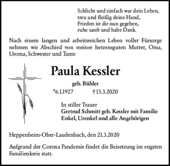 Traueranzeige von Paula Kessler von vrm-trauer