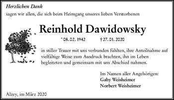 Traueranzeige von Reinhold Dawidowsky von vrm-trauer
