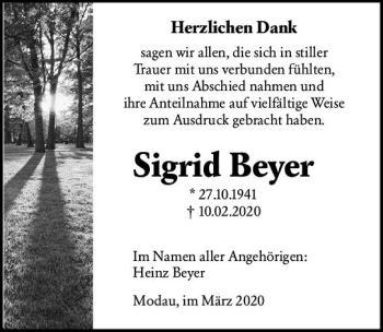 Traueranzeige von Sigrid Beyer von vrm-trauer