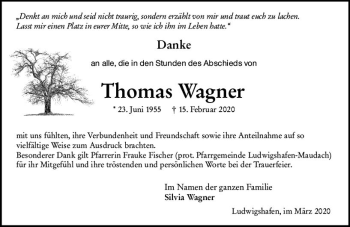 Traueranzeige von Thomas Wagner von vrm-trauer