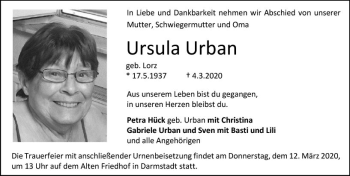 Traueranzeige von Ursula Urban von vrm-trauer