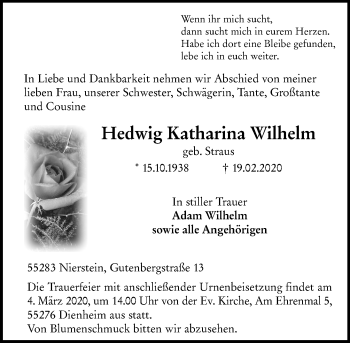 Traueranzeige von Hedwig Katharina Wilhelm von VRM-Trauer