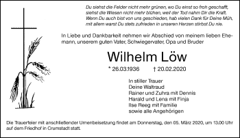 Traueranzeige von Wilhelm Löw 