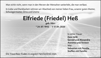 Traueranzeige von Elfriede (Friedel) Heß von VRM Tageszeitungen