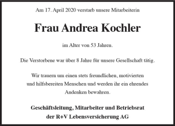 Traueranzeige von Andrea Kochler von vrm-trauer