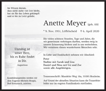 Traueranzeige von Anette Meyer von vrm-trauer