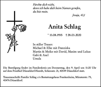 Traueranzeige von Anita Schlag von vrm-trauer