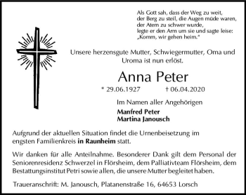 Traueranzeige von Anna Peter von vrm-trauer