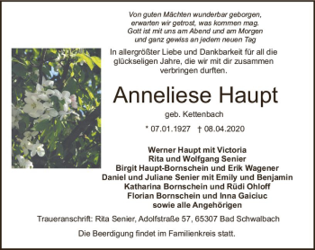 Traueranzeige von Anneliese Haupt von vrm-trauer