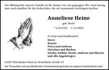 Traueranzeige von Anneliese Heine von vrm-trauer