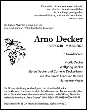 Traueranzeige von Arno Decker von vrm-trauer