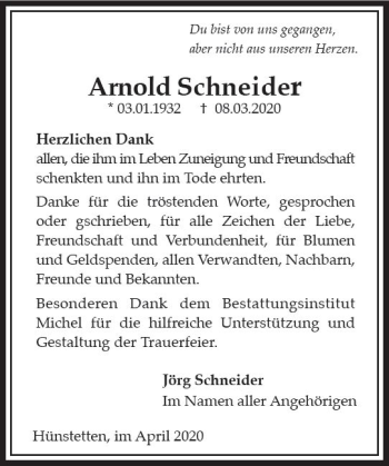 Traueranzeige von Arnold Schneider von vrm-trauer