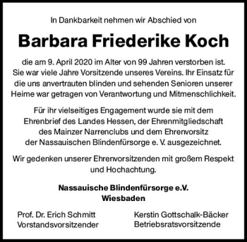 Traueranzeige von Barbara Friederike Koch von vrm-trauer