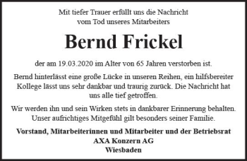 Traueranzeige von Bernd Frickel von vrm-trauer