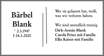 Traueranzeige von Bärbel Blank von vrm-trauer