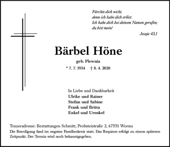 Traueranzeige von Bärbel Höne von vrm-trauer