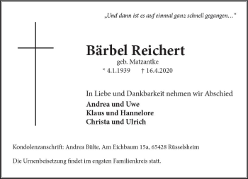 Traueranzeige von Bärbel Reichert von vrm-trauer