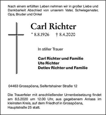 Traueranzeige von Carl Richter von vrm-trauer