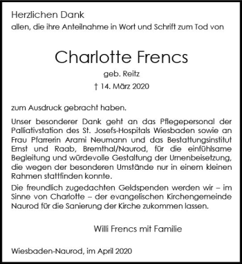 Traueranzeige von Charlotte Frencs von vrm-trauer