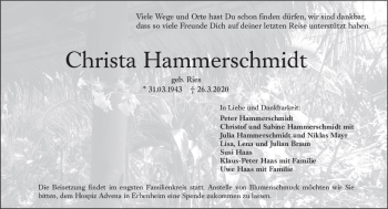 Traueranzeige von Christa Hammerschmidt von vrm-trauer