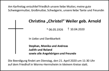Traueranzeige von Christina Weiler von vrm-trauer
