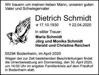 Traueranzeige von Dietrich Schmidt von vrm-trauer