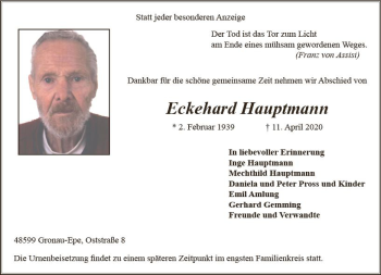 Traueranzeige von Eckehard Hauptmann von vrm-trauer
