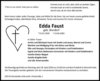 Traueranzeige von Edda Faust von vrm-trauer