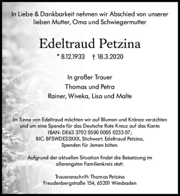 Traueranzeige von Edeltraud Petzina von vrm-trauer