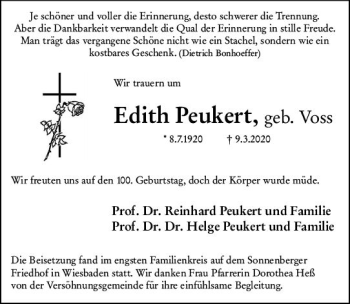 Traueranzeige von Edith Peukert von vrm-trauer
