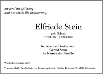 Traueranzeige von Elfriede Stein von vrm-trauer