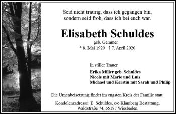 Traueranzeige von Elisabeth Schuldes von vrm-trauer