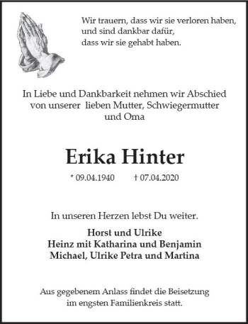 Traueranzeige von Erika Hinter von vrm-trauer
