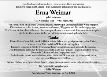 Traueranzeige von Erna Weimar von vrm-trauer
